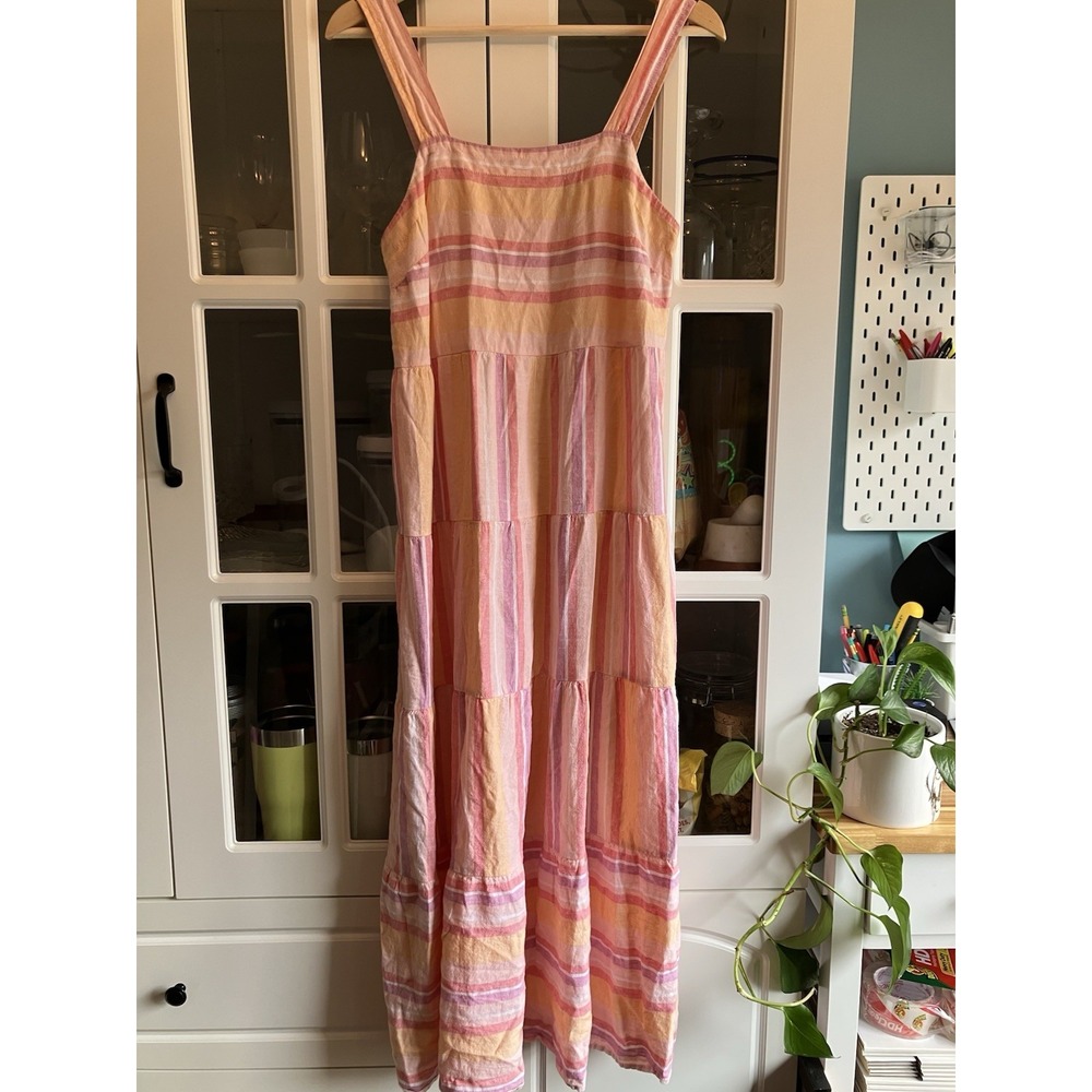 Casacabana Linen Blend Striped Tiered Maxi Dress XS Pink Orange Smocked Sundress